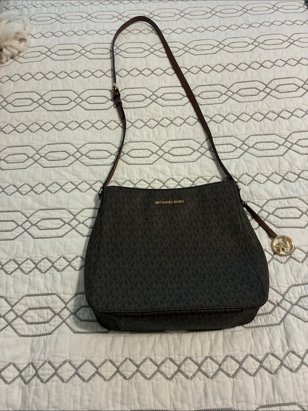NWOT!!! Michael Kors Dark Brown Monogram Crossbody with Gold Charm